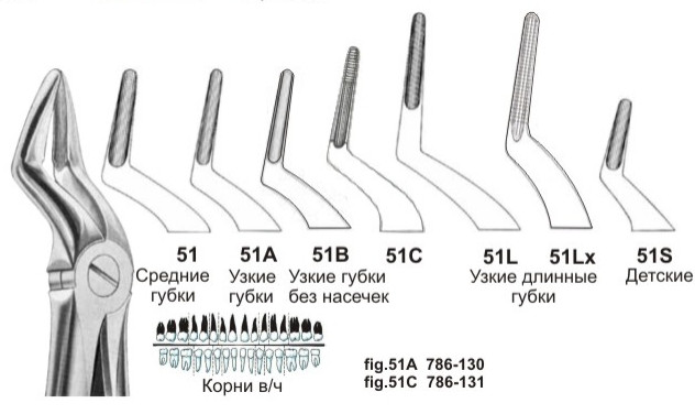Щипцы №51L с удлиненными губками для удаления корней зубов верхней челюсти, баянеты