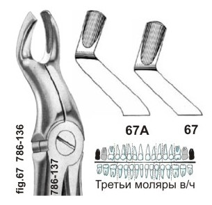 Щипцы №67А для удаления третьих моляров верхней челюсти удлиненные
